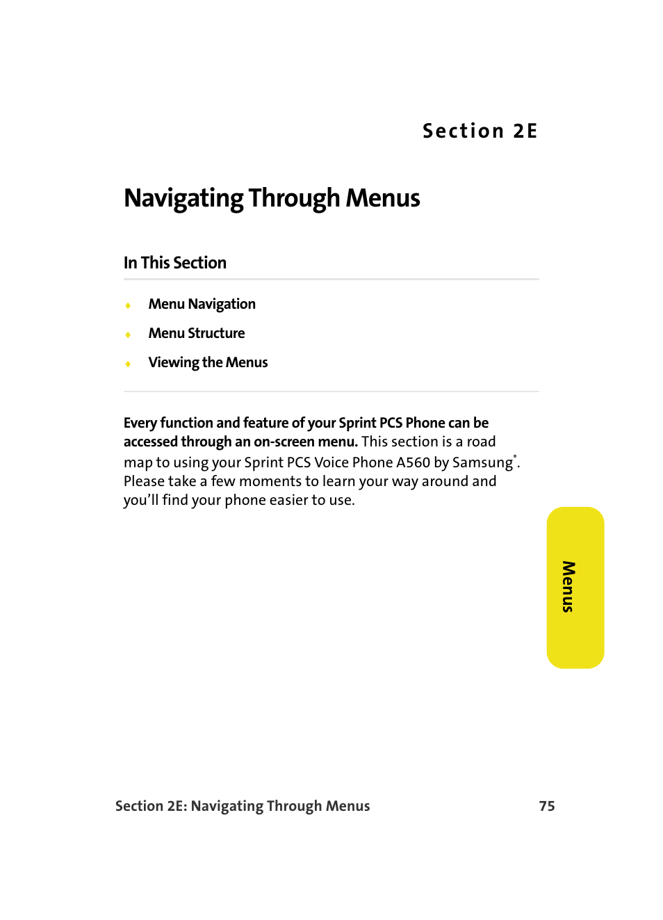 Navigating through menus, 2e. navigating through menus, Menus | Samsung A560 User Manual | Page 83 / 179