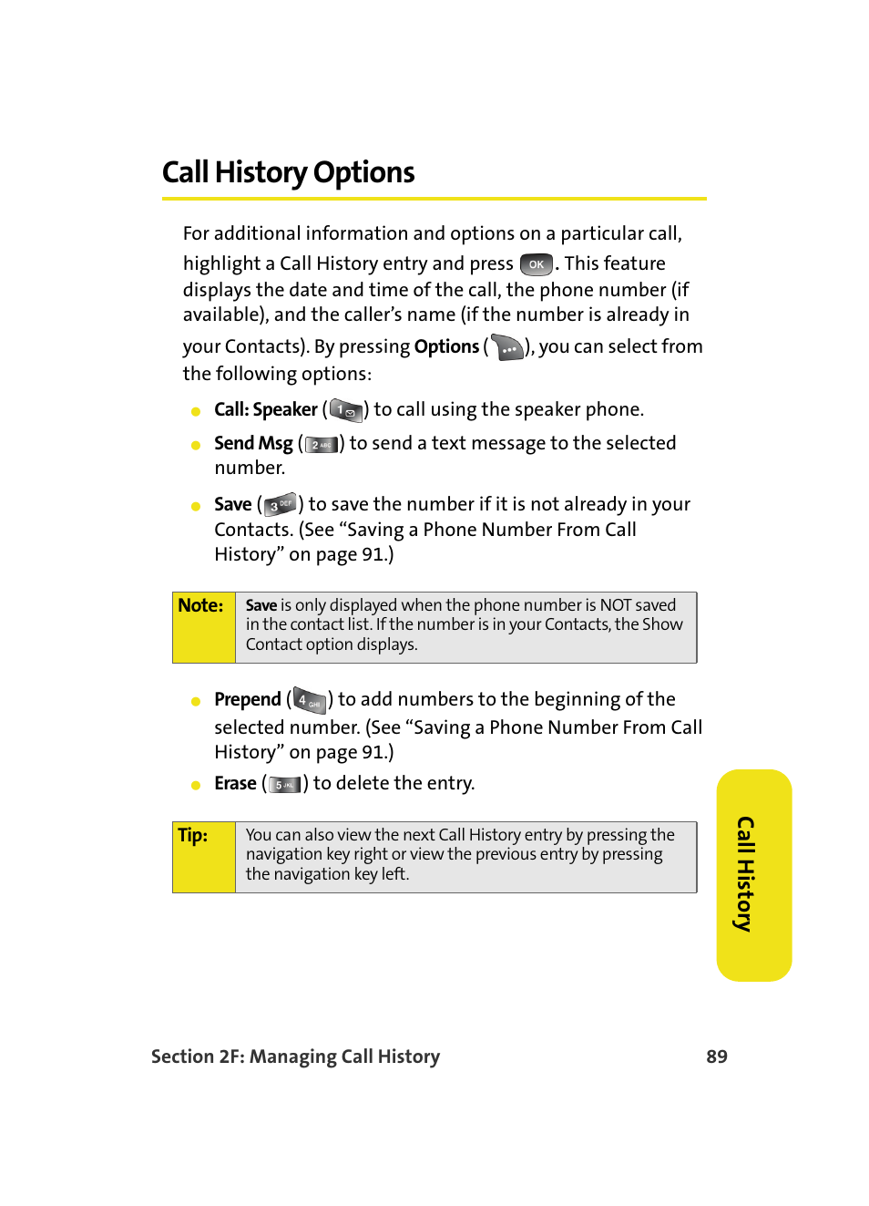 Call history options, Ca ll histor y | Samsung A560 User Manual | Page 97 / 179