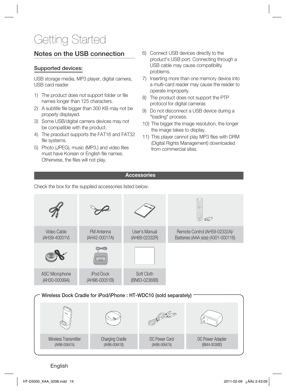 Accessories, Getting started | Samsung HT D5500 User Manual | Page 14 / 78