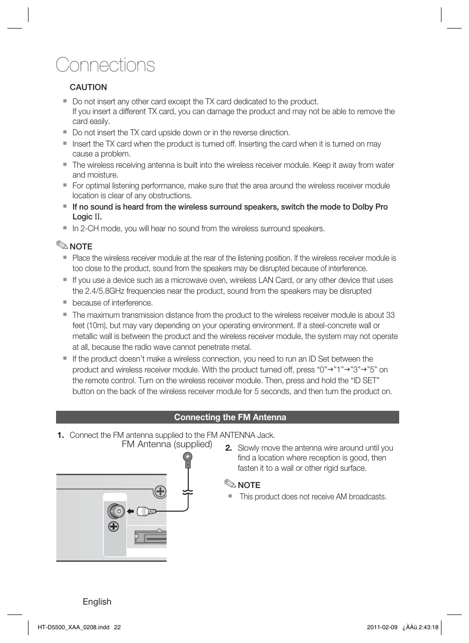 Connecting the fm antenna, Connections | Samsung HT D5500 User Manual | Page 22 / 78