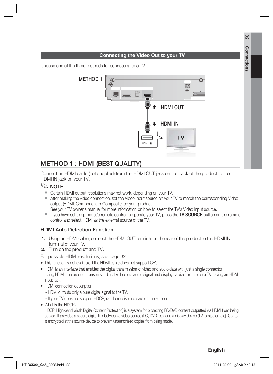 Connecting the video out to your tv, Method 1 : hdmi (best quality), Hdmi out hdmi in method 1 | Samsung HT D5500 User Manual | Page 23 / 78