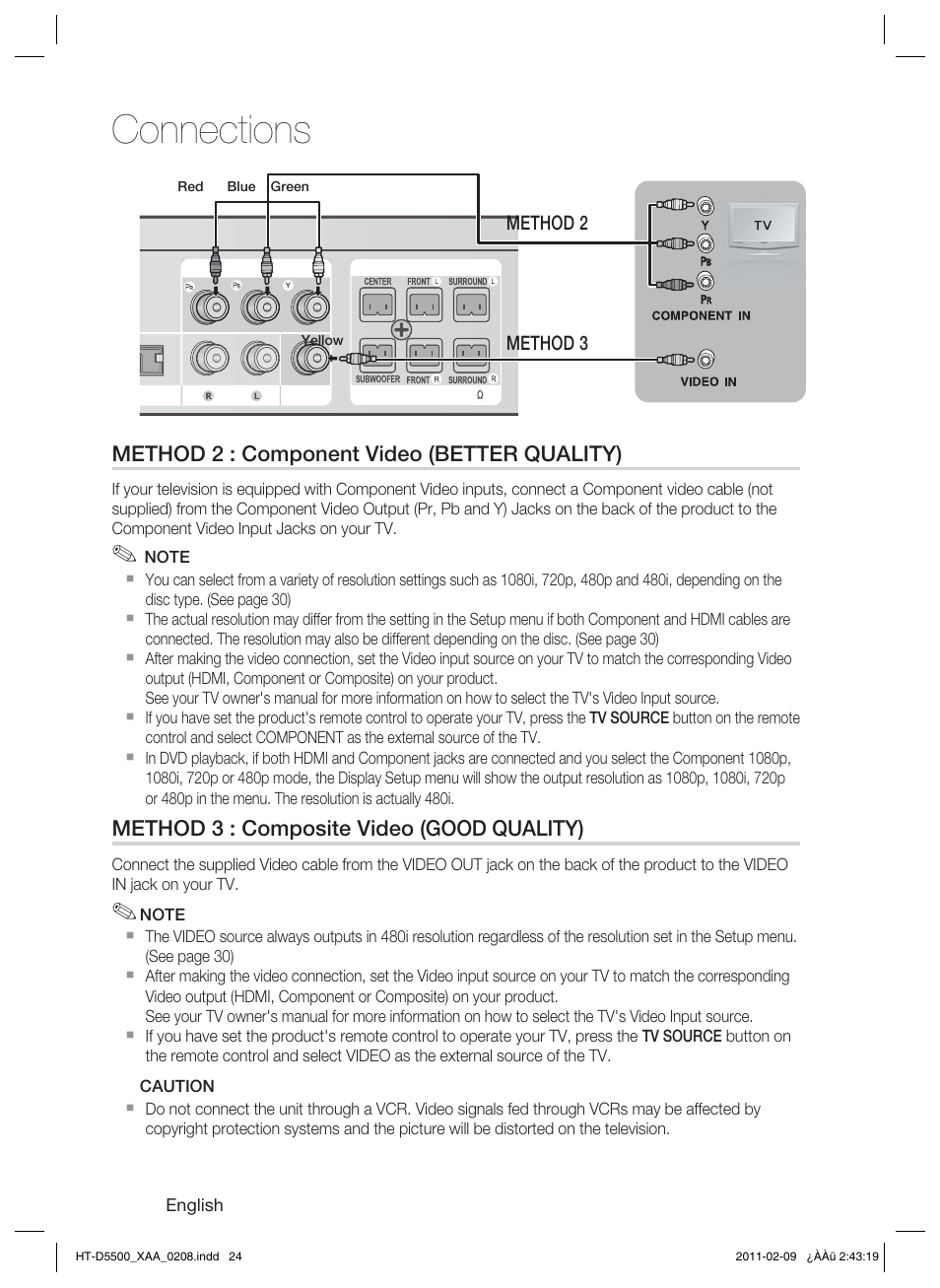 Connections, Method 2 : component video (better quality), Method 3 : composite video (good quality) | Samsung HT D5500 User Manual | Page 24 / 78