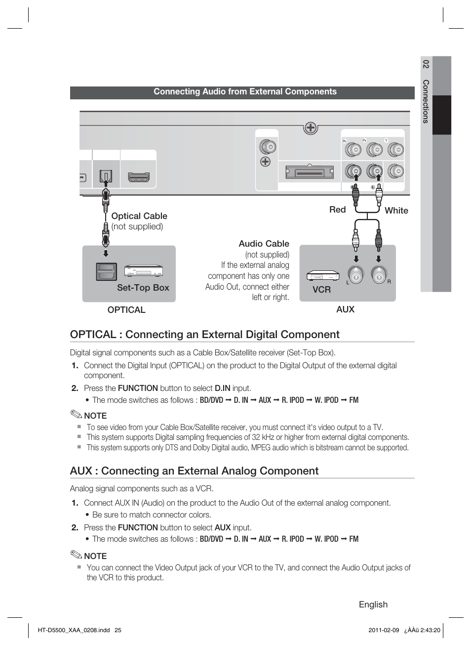 Connecting audio from external components, Optical : connecting an external digital component, Aux : connecting an external analog component | Samsung HT D5500 User Manual | Page 25 / 78