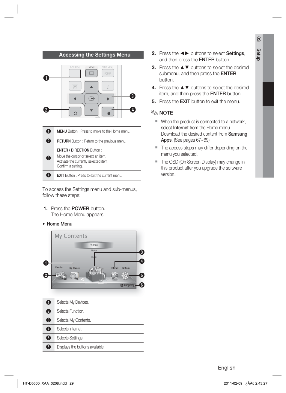 Accessing the settings menu, My contents | Samsung HT D5500 User Manual | Page 29 / 78