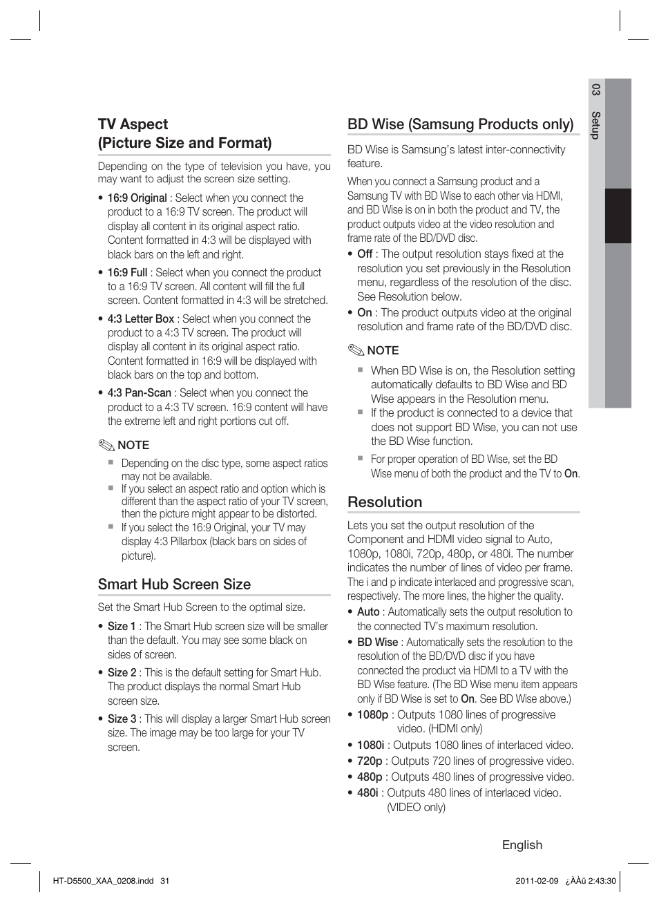 Tv aspect, Smart hub screen size, Bd wise | Resolution, Tv aspect (picture size and format), Bd wise (samsung products only) | Samsung HT D5500 User Manual | Page 31 / 78