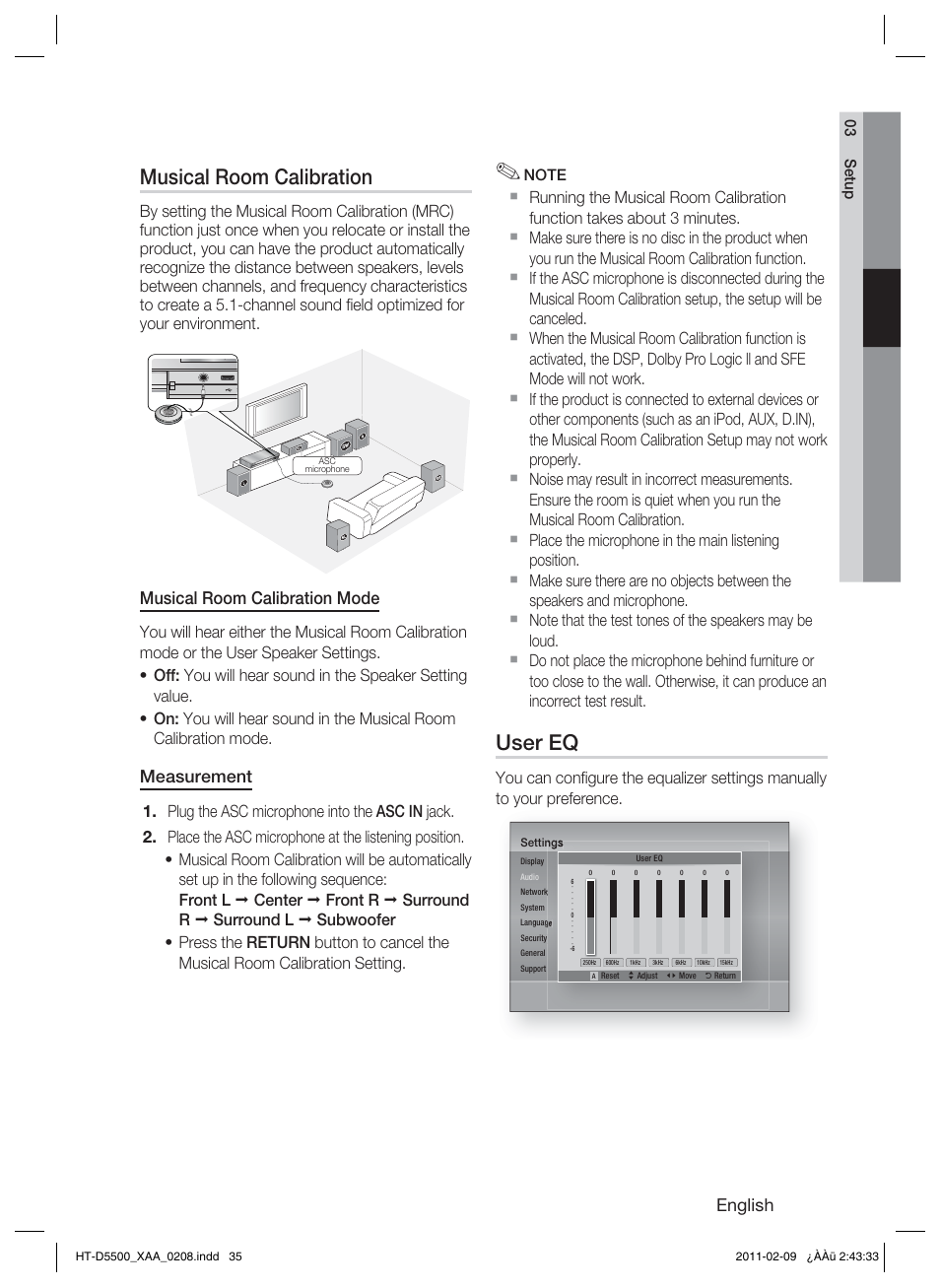 Musical room calibration, User eq, English | Musical room calibration mode, Measurement | Samsung HT D5500 User Manual | Page 35 / 78