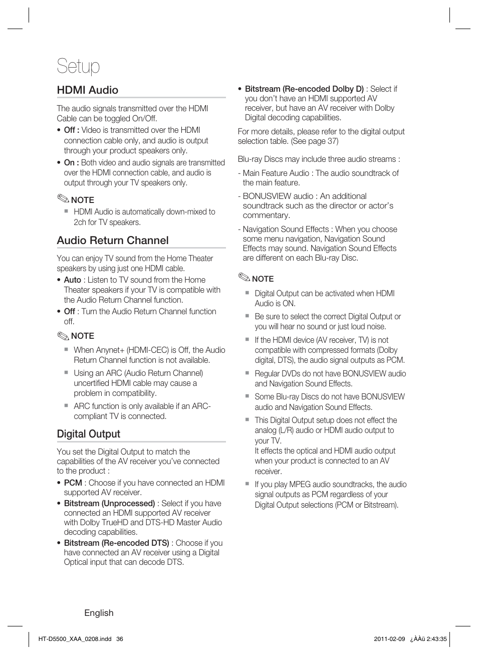 Hdmi audio, Audio return channel, Digital output | Setup | Samsung HT D5500 User Manual | Page 36 / 78