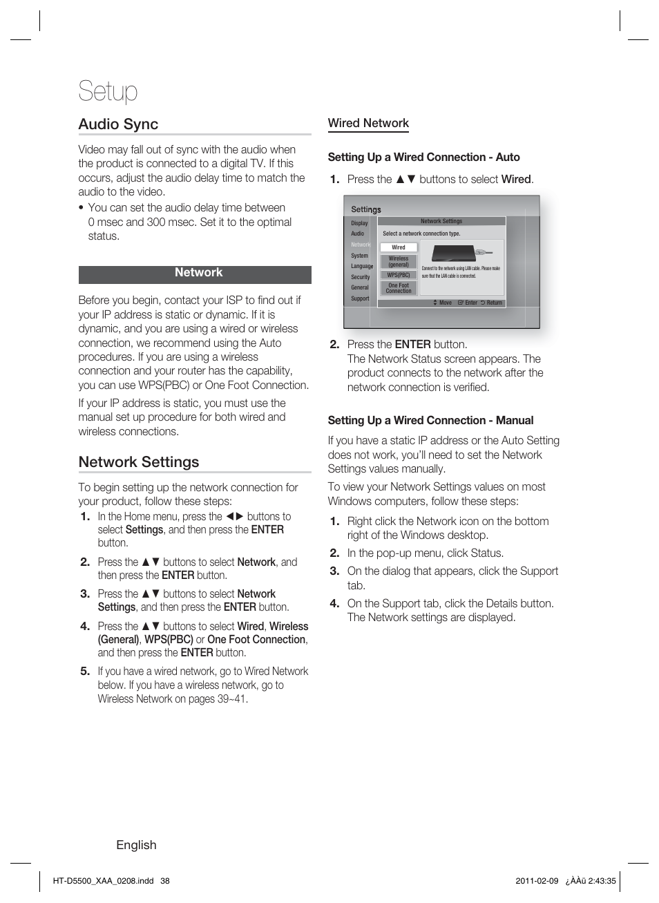 Audio sync, Network, Network settings | Setup | Samsung HT D5500 User Manual | Page 38 / 78