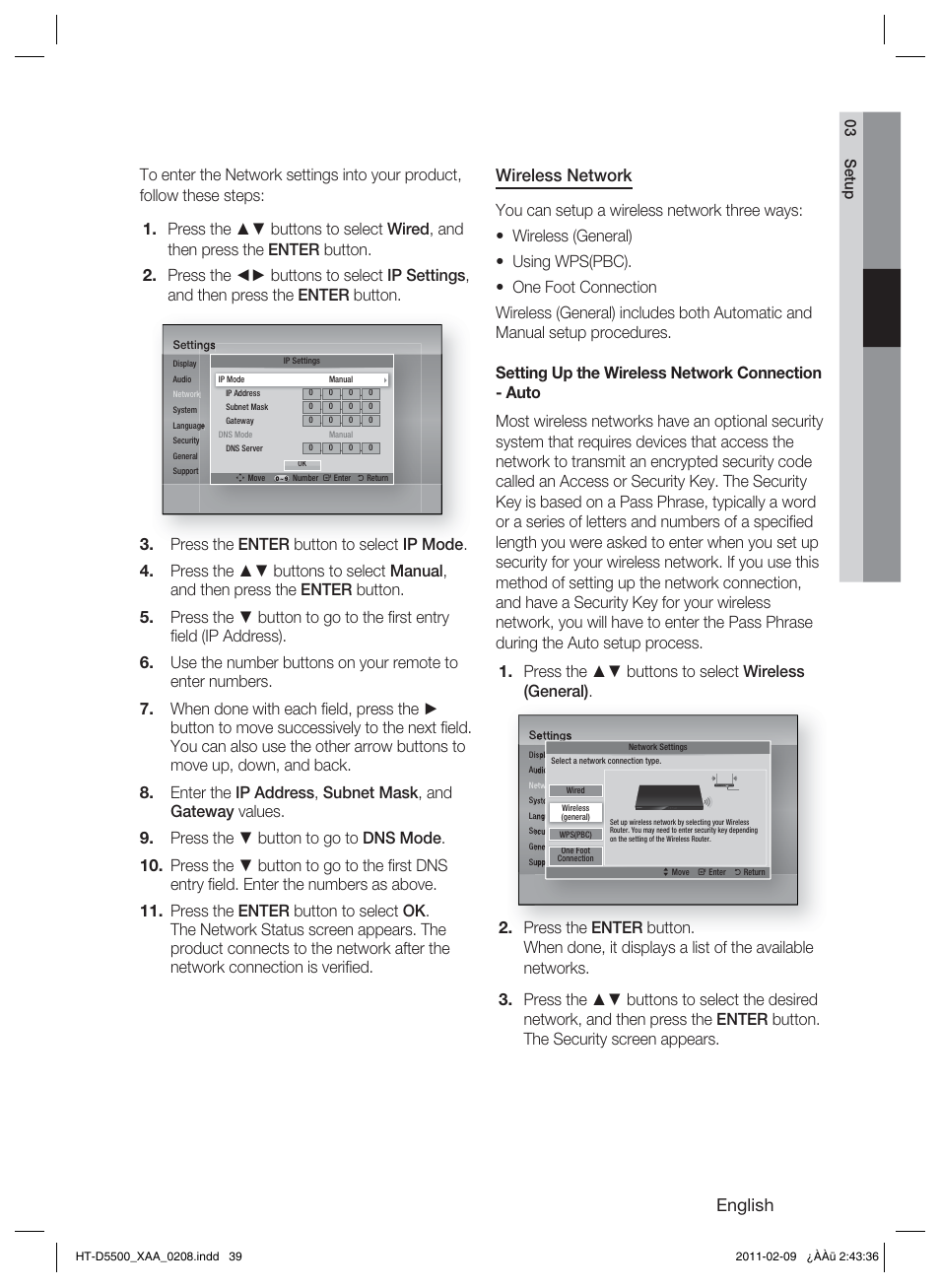 English, Wireless network | Samsung HT D5500 User Manual | Page 39 / 78