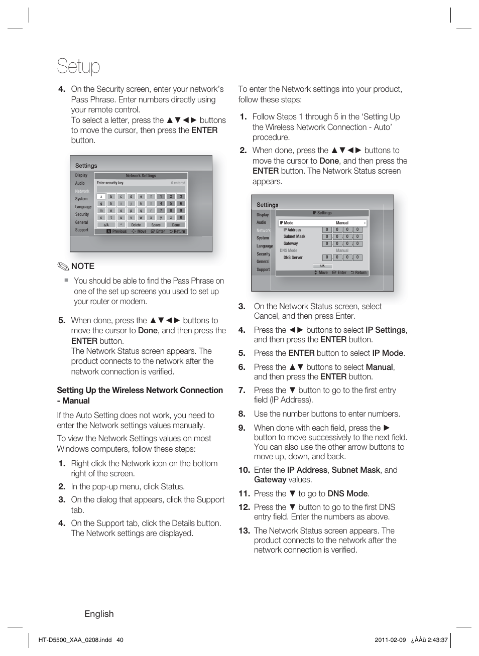 Setup, English | Samsung HT D5500 User Manual | Page 40 / 78