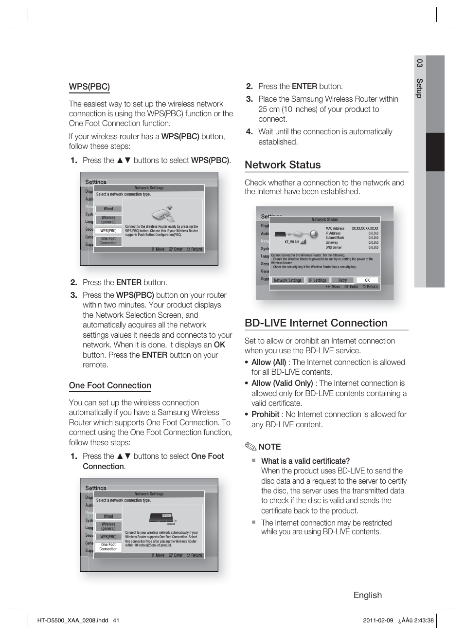 Network status, Bd-live internet connection, English | Wps(pbc), One foot connection | Samsung HT D5500 User Manual | Page 41 / 78