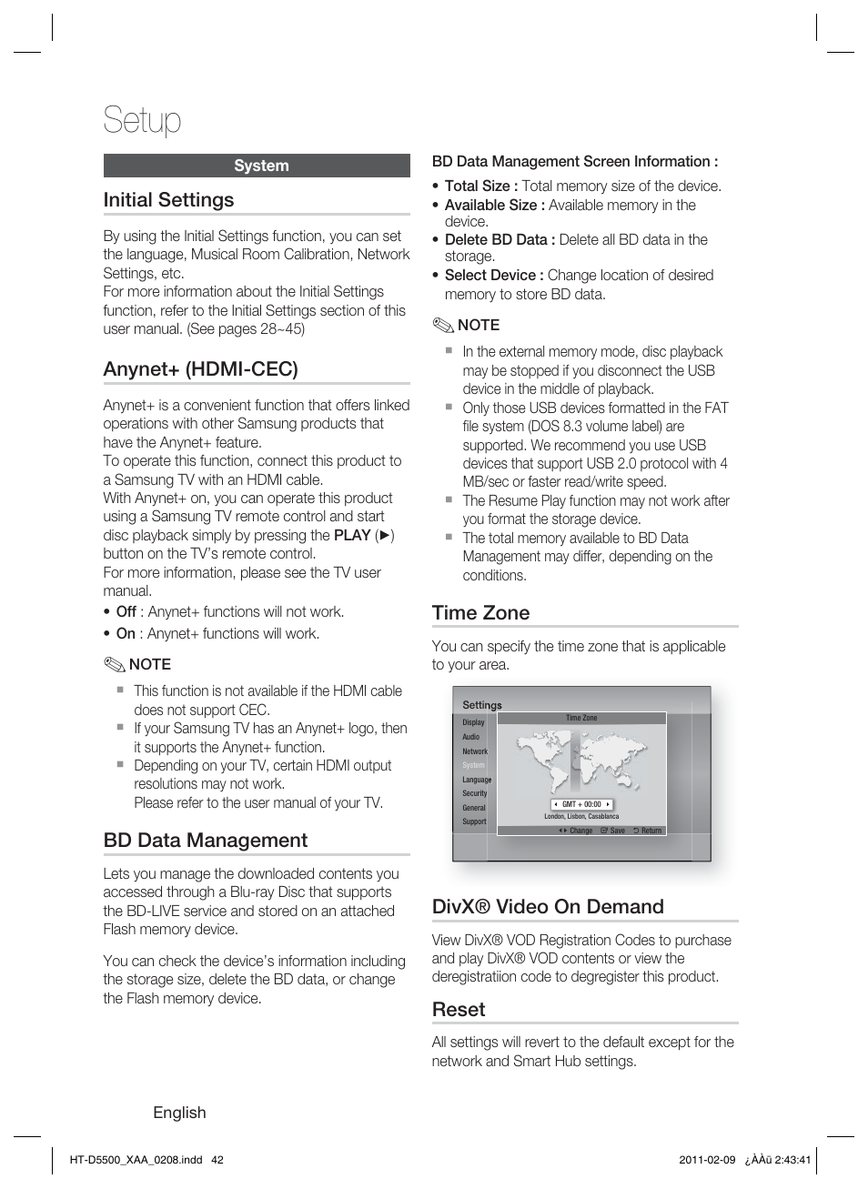 System, Initial settings, Anynet+ (hdmi-cec) | Bd data management, Time zone, Divx® video on demand, Reset, Setup | Samsung HT D5500 User Manual | Page 42 / 78