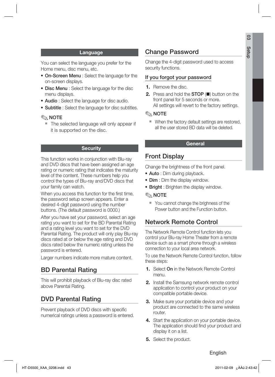 Language, Security, Bd parental rating | Dvd parental rating, Change password, General, Front display, Network remote control | Samsung HT D5500 User Manual | Page 43 / 78