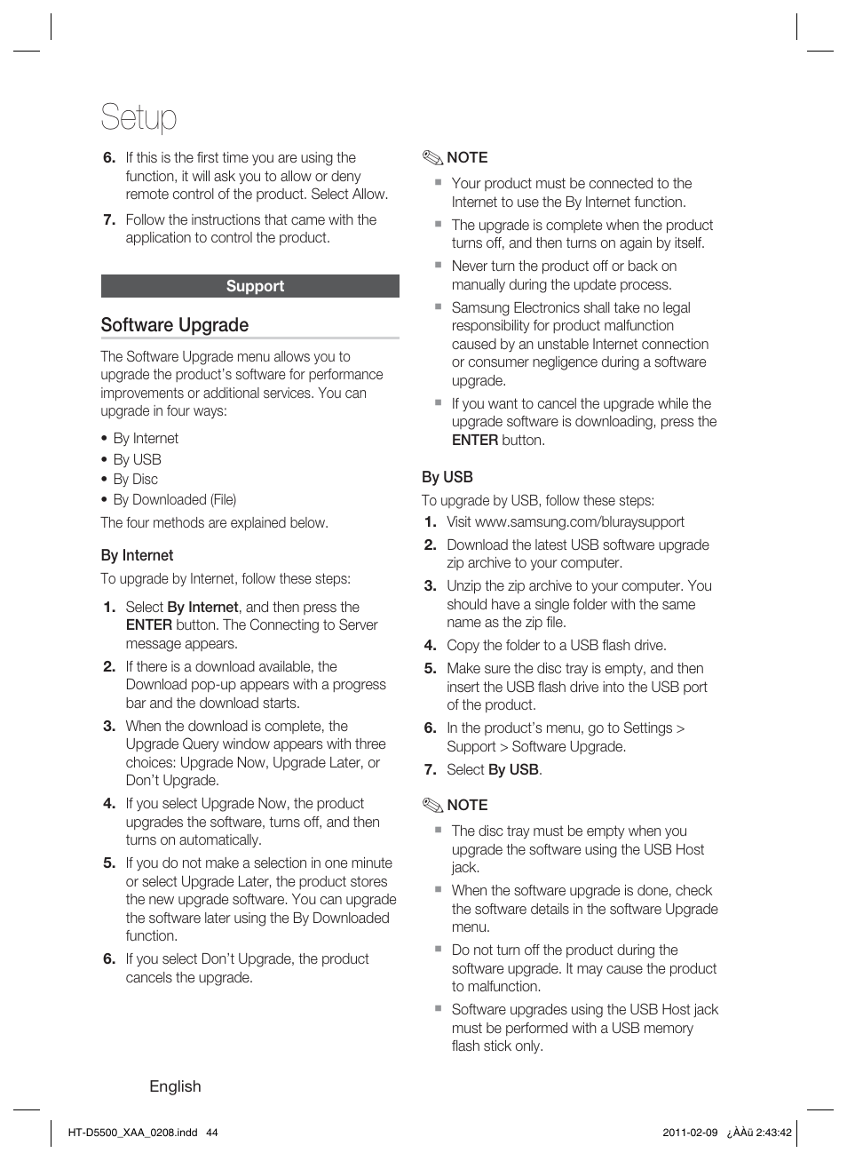 Support, Software upgrade, Setup | Samsung HT D5500 User Manual | Page 44 / 78