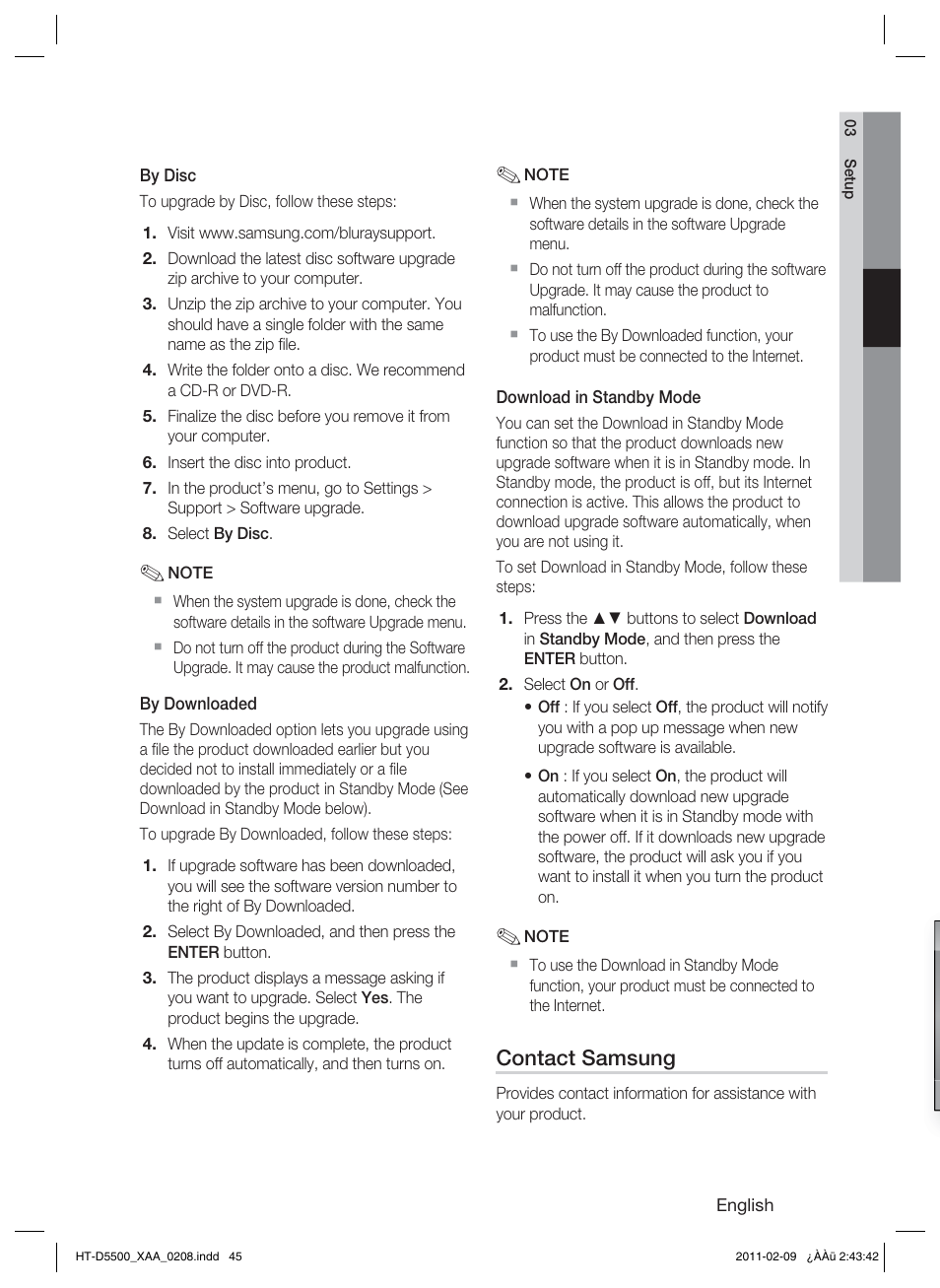 Contact samsung | Samsung HT D5500 User Manual | Page 45 / 78