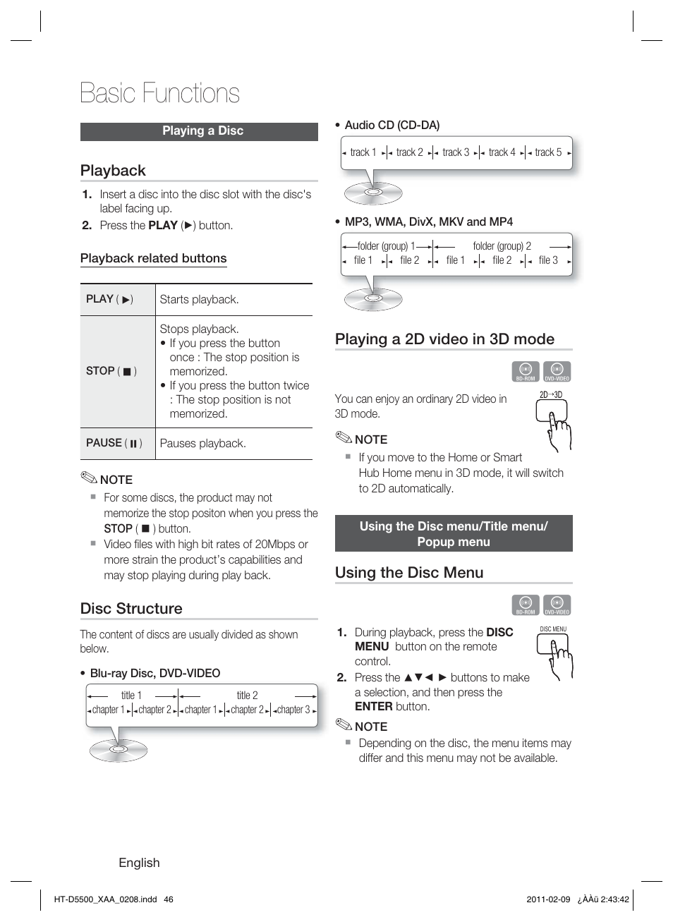 Basic functions, Playing a disc, Using the disc menu/title menu/popup menu | Playback, Disc structure, Playing a 2d video in 3d mode, Using the disc menu | Samsung HT D5500 User Manual | Page 46 / 78