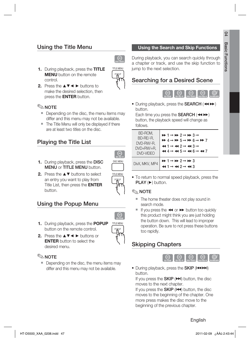 Using the search and skip functions, Hzzyx | Samsung HT D5500 User Manual | Page 47 / 78