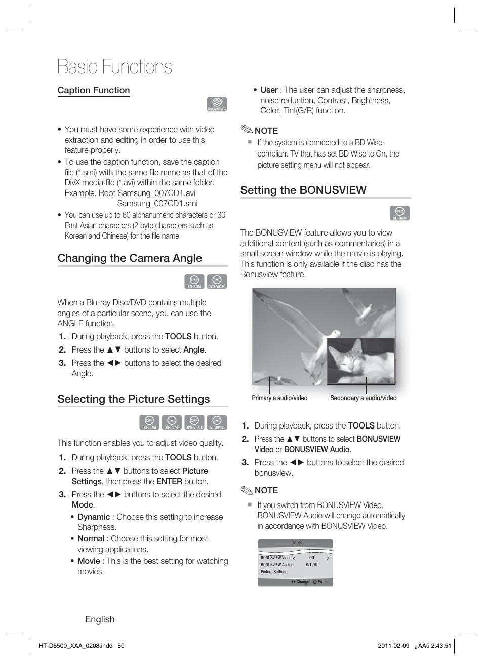 Basic functions, Hzzy, Changing the camera angle | Selecting the picture settings, Setting the bonusview | Samsung HT D5500 User Manual | Page 50 / 78