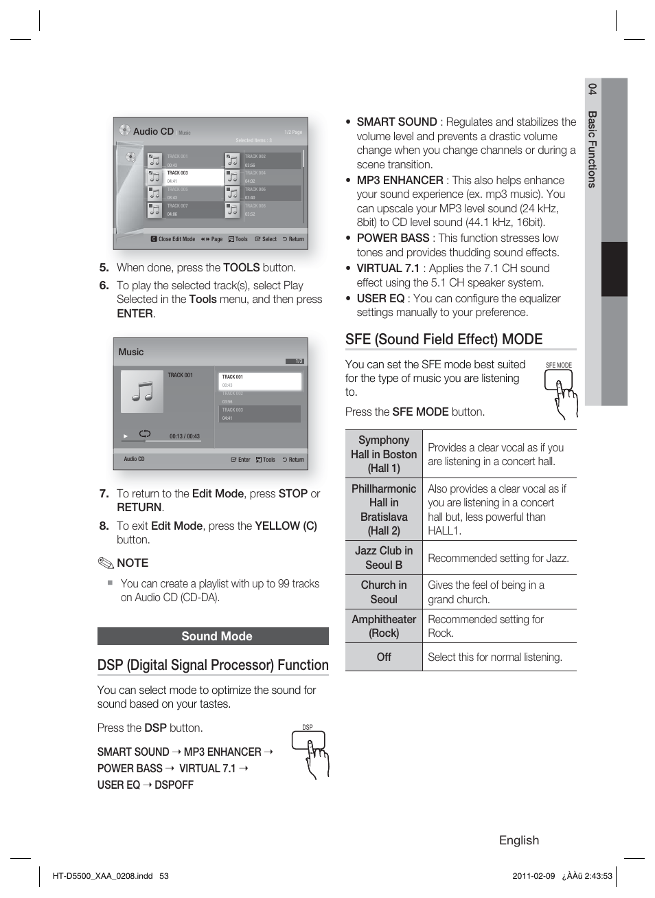 Sound mode, Dsp (digital signal processor) function, Sfe (sound field effect) mode | English | Samsung HT D5500 User Manual | Page 53 / 78