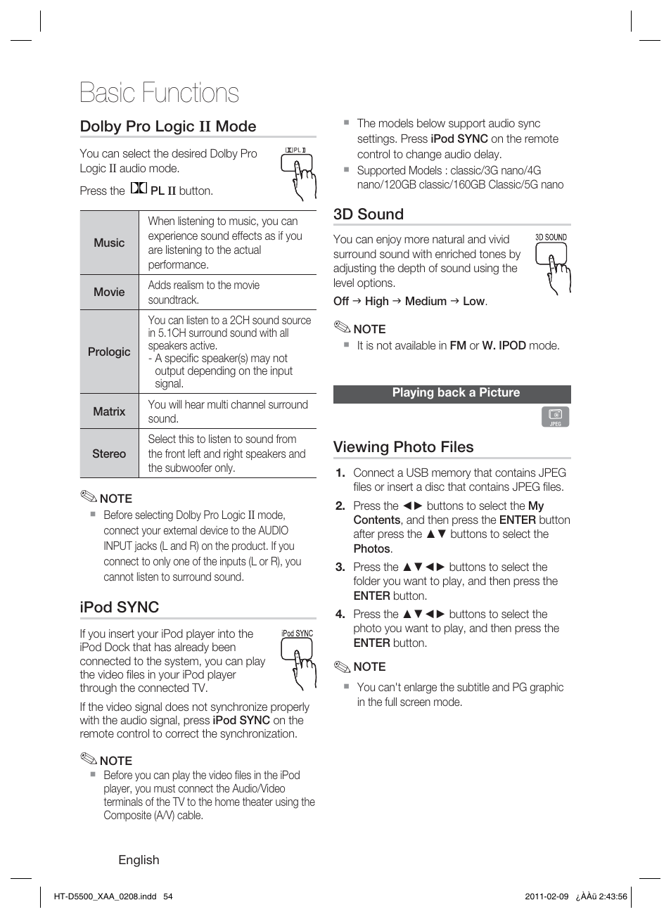 Playing back a picture, Basic functions | Samsung HT D5500 User Manual | Page 54 / 78