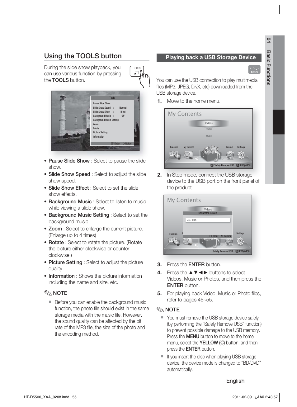 Playing back a usb storage device, Using the tools button, My contents | Samsung HT D5500 User Manual | Page 55 / 78