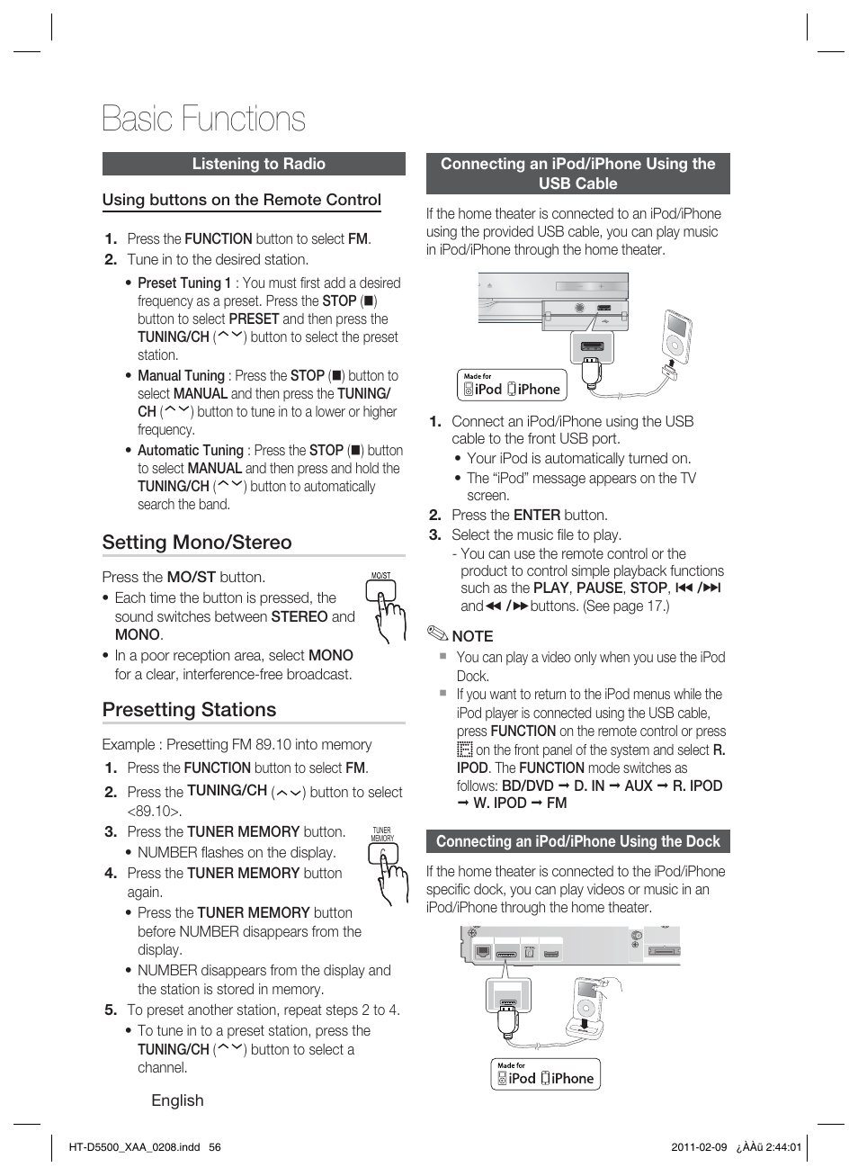 Listening to radio, Connecting an ipod/iphone using theusb cable, Connecting an ipod/iphone using the dock | Basic functions, Setting mono/stereo, Presetting stations | Samsung HT D5500 User Manual | Page 56 / 78