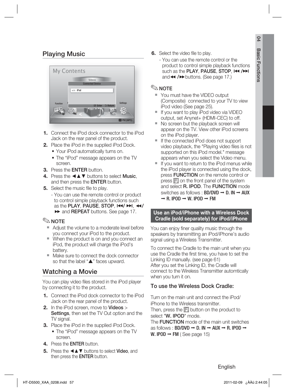 Playing music, Watching a movie | Samsung HT D5500 User Manual | Page 57 / 78