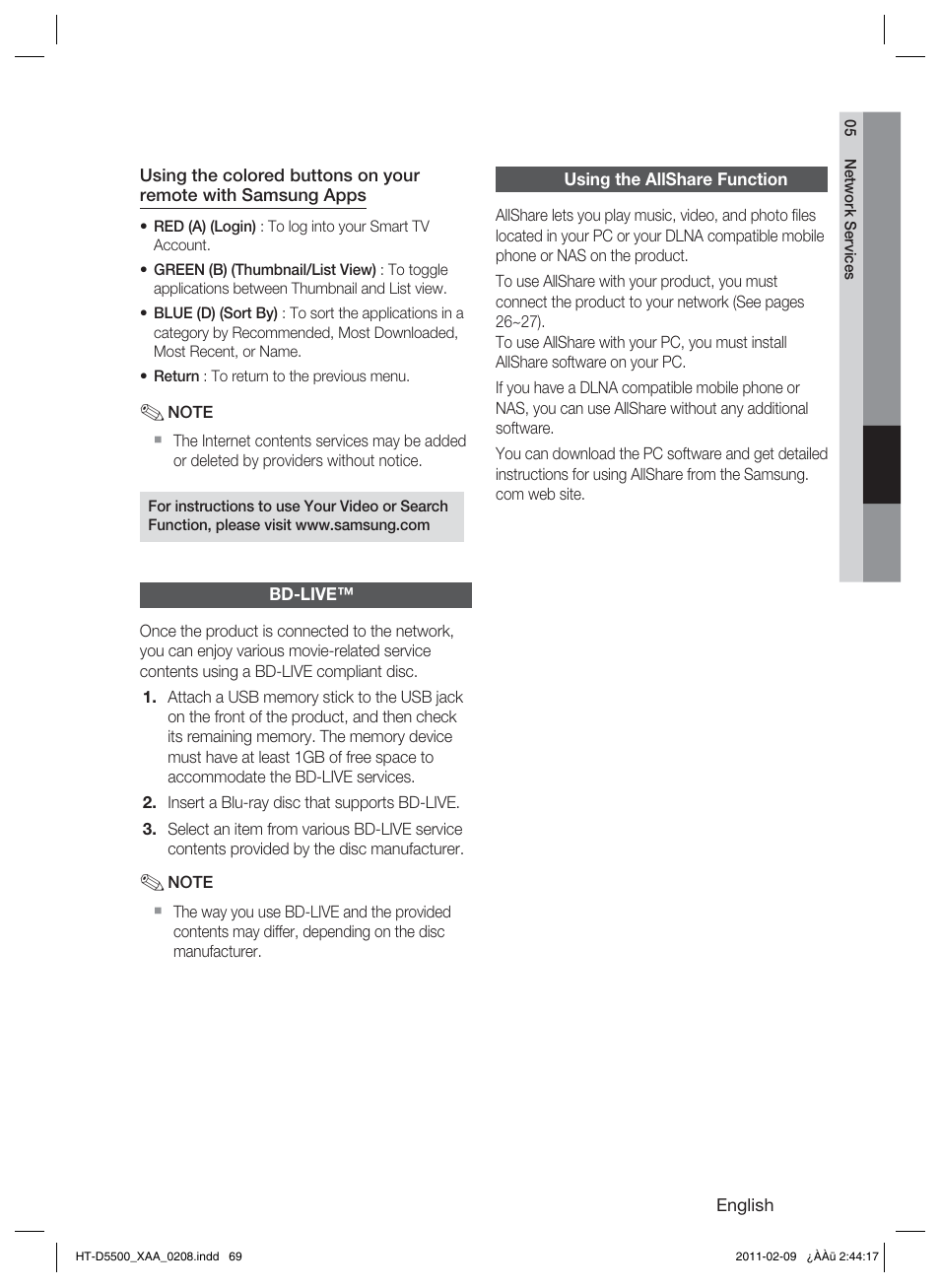 Bd-live, Using the allshare function | Samsung HT D5500 User Manual | Page 69 / 78