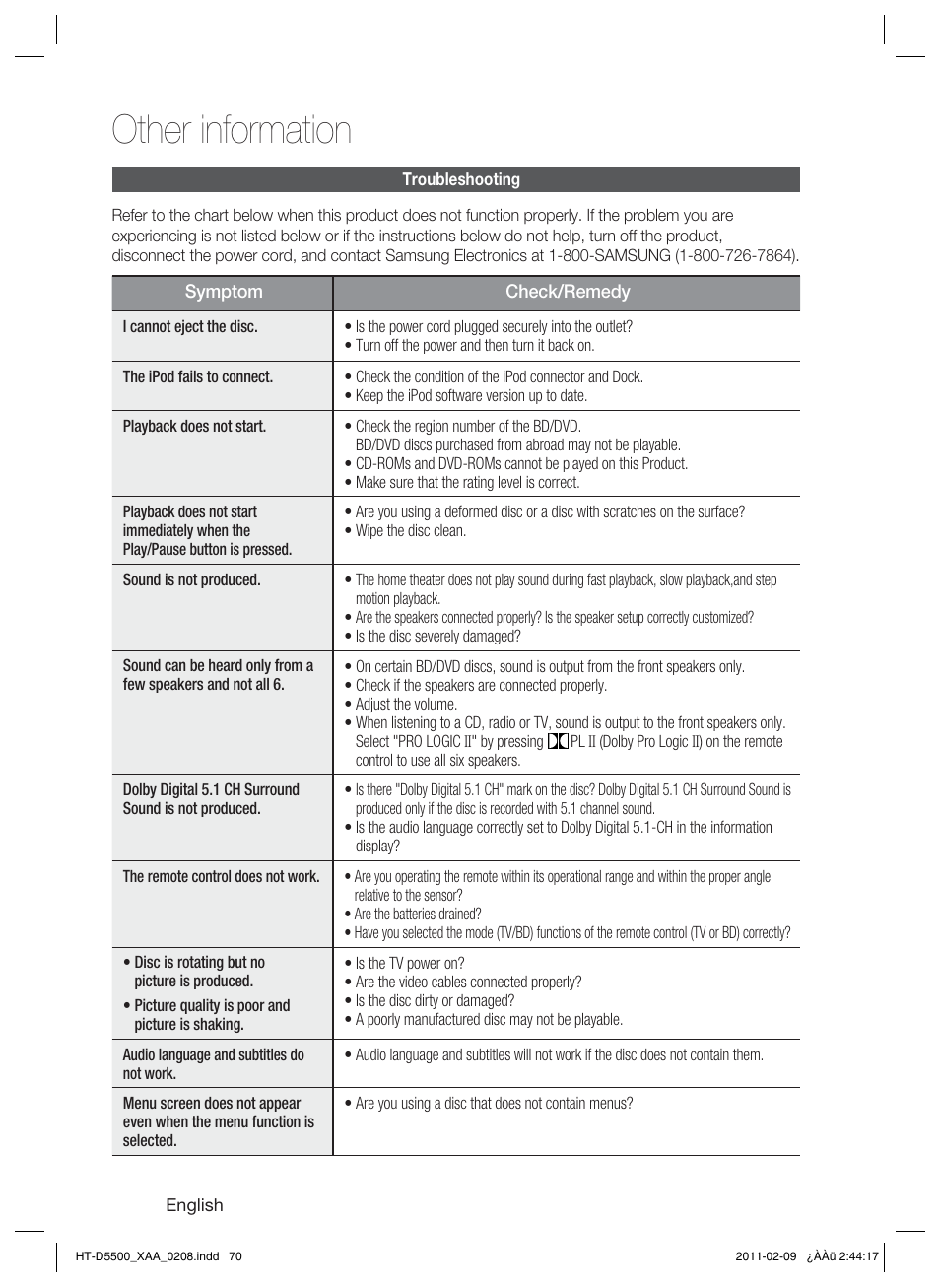 Troubleshooting, Other information | Samsung HT D5500 User Manual | Page 70 / 78