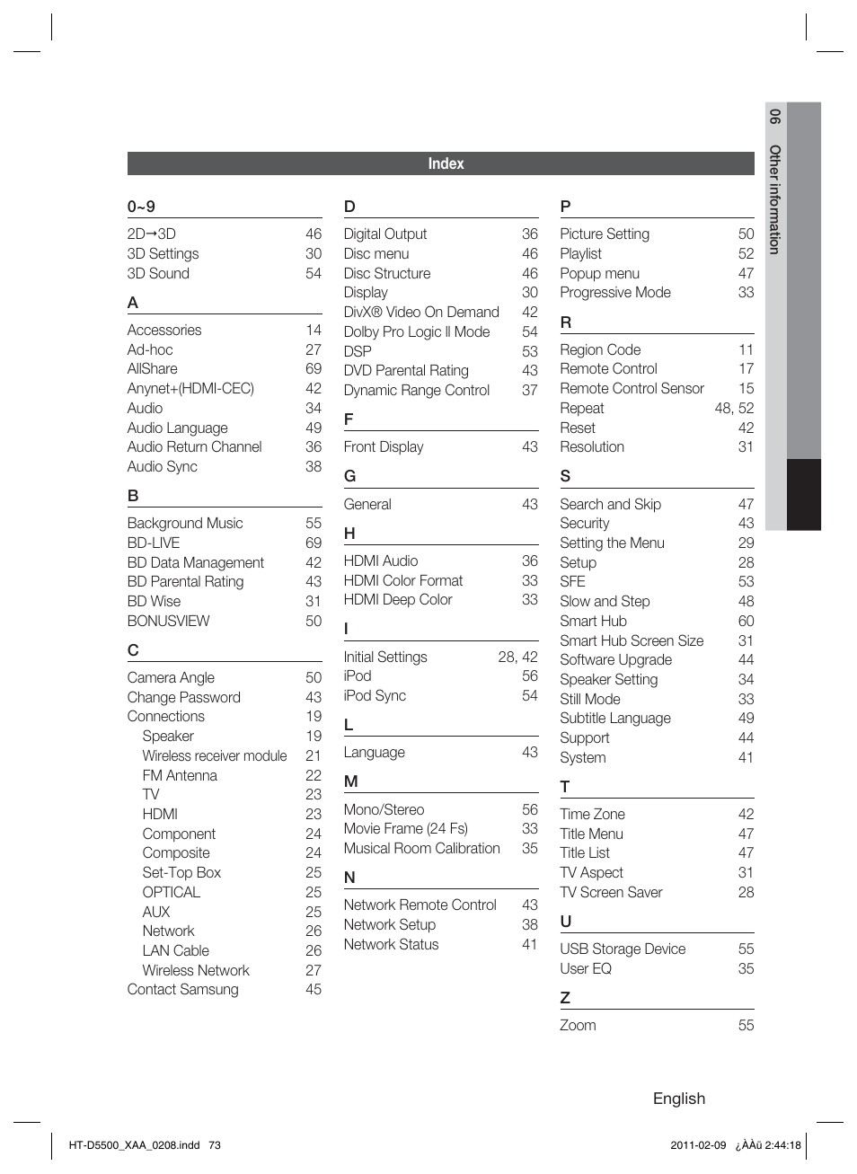 Index | Samsung HT D5500 User Manual | Page 73 / 78