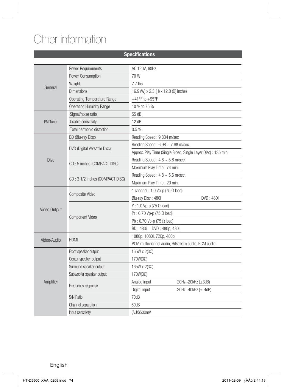 Specifi cations, Other information | Samsung HT D5500 User Manual | Page 74 / 78