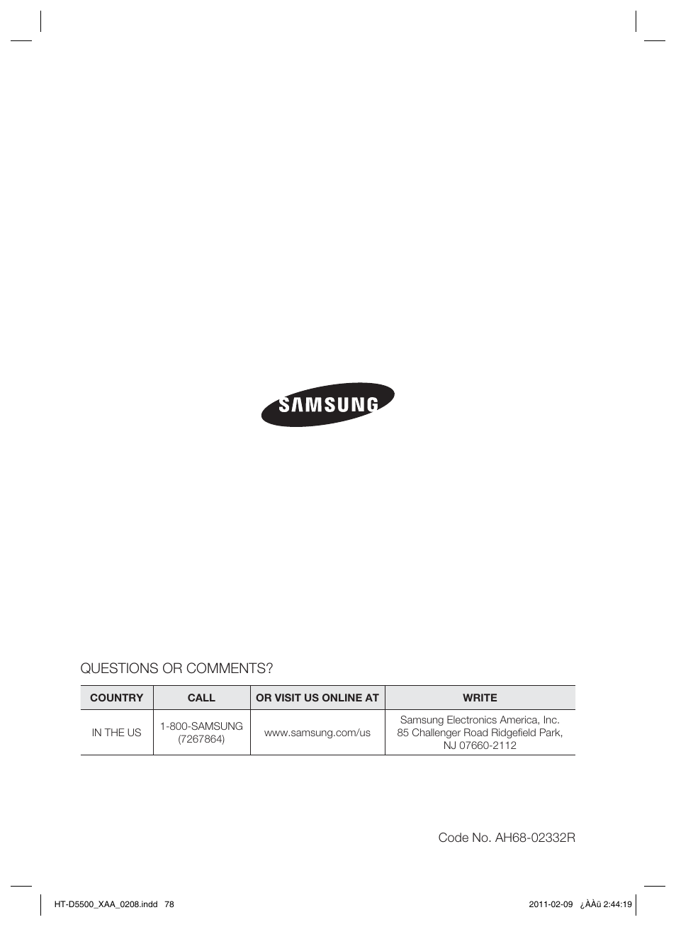 Questions or comments | Samsung HT D5500 User Manual | Page 78 / 78