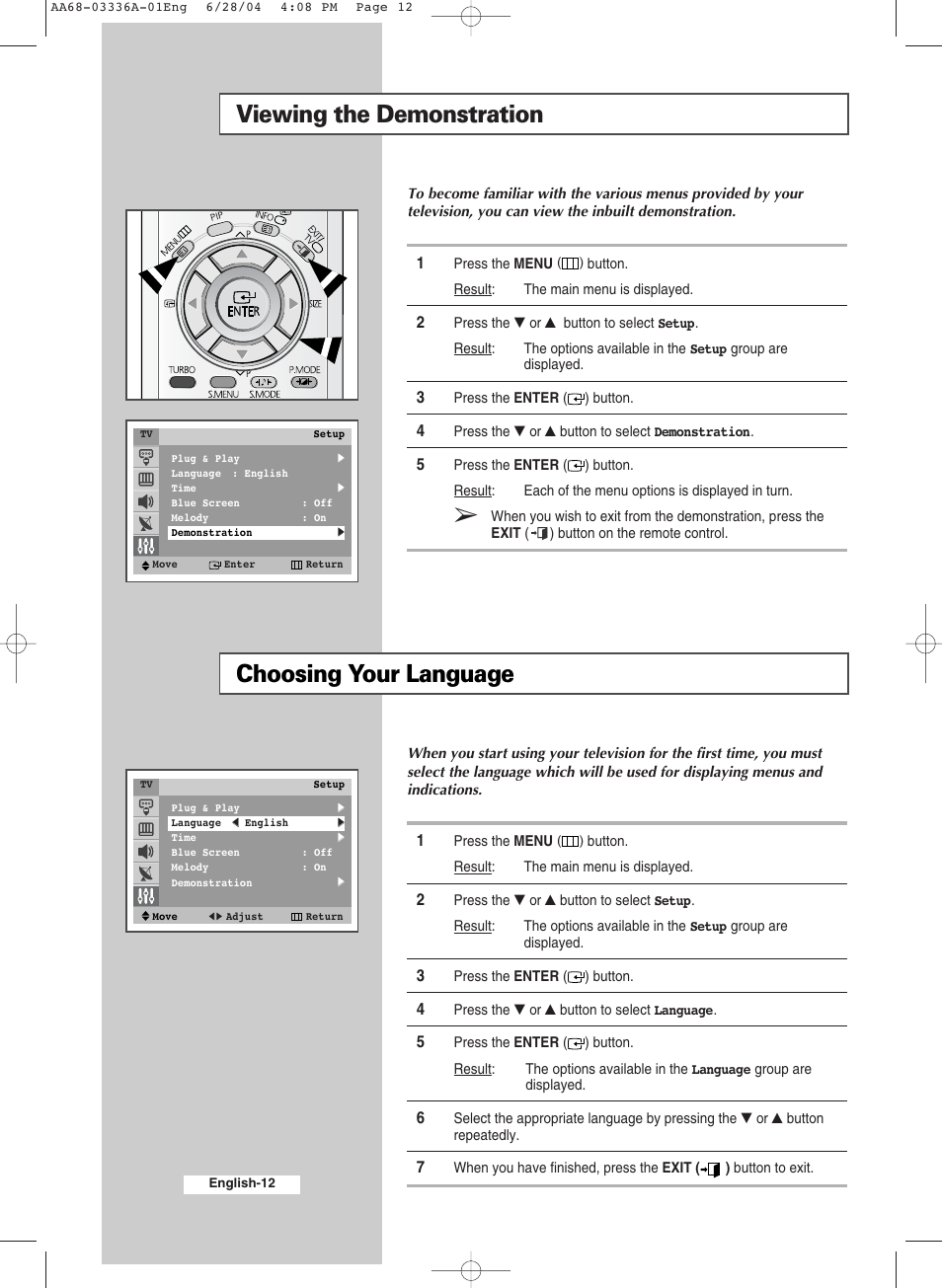 Viewing the demonstration, Choosing your language, Viewing the demonstration choosing your language | Samsung WS-32M206V User Manual | Page 12 / 48