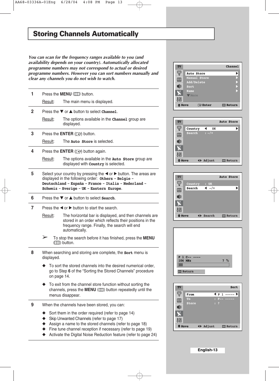 Setting the channels, Storing channels automatically | Samsung WS-32M206V User Manual | Page 13 / 48