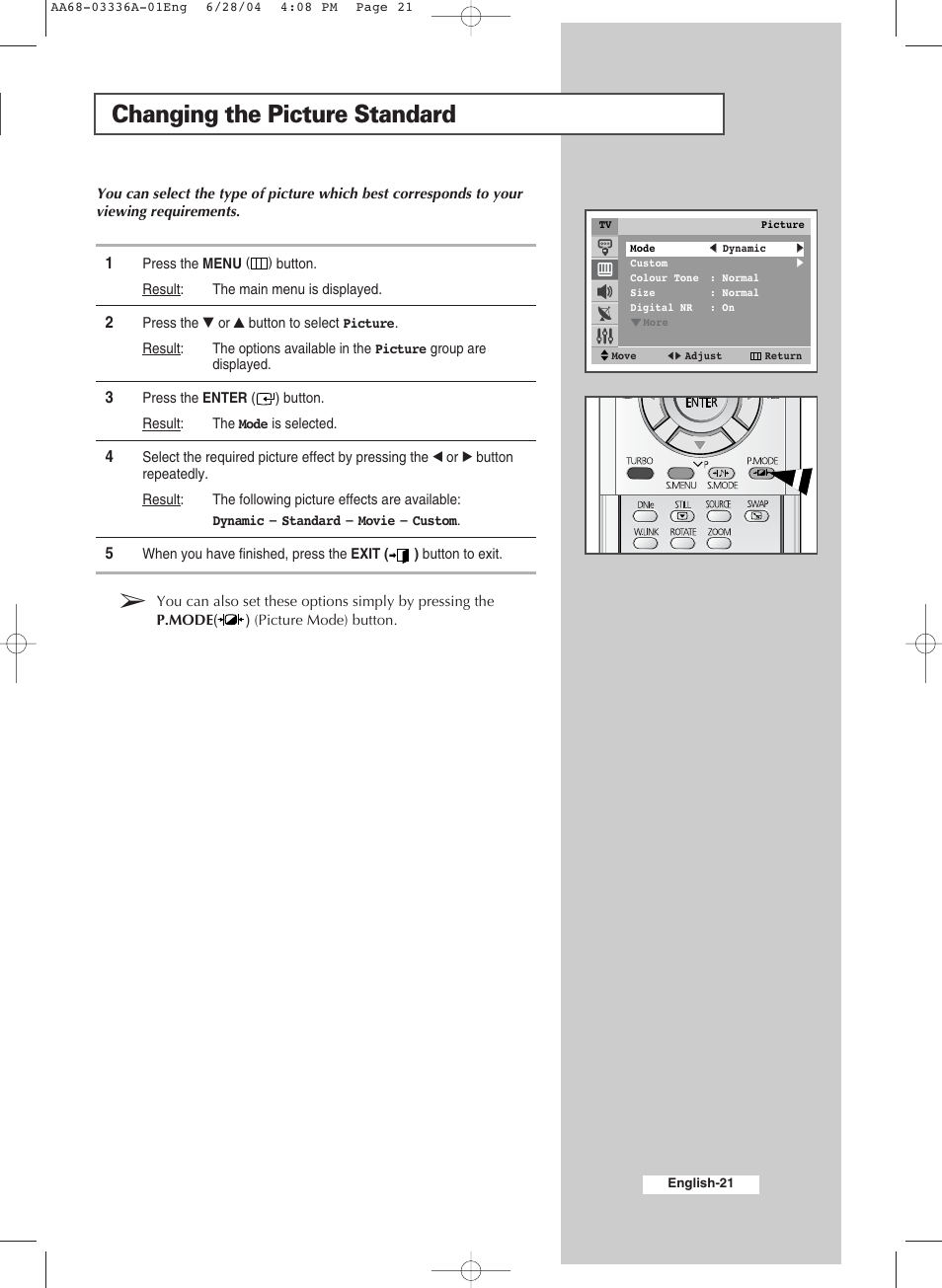 Changing the picture standard | Samsung WS-32M206V User Manual | Page 21 / 48