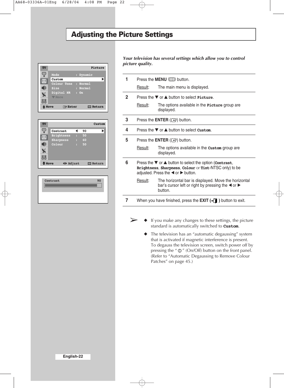 Adjusting the picture settings | Samsung WS-32M206V User Manual | Page 22 / 48
