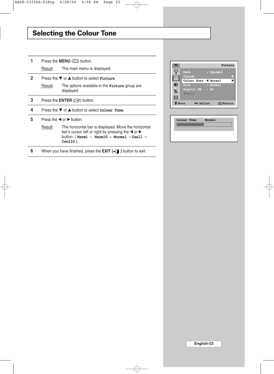 Selecting the colour tone | Samsung WS-32M206V User Manual | Page 23 / 48