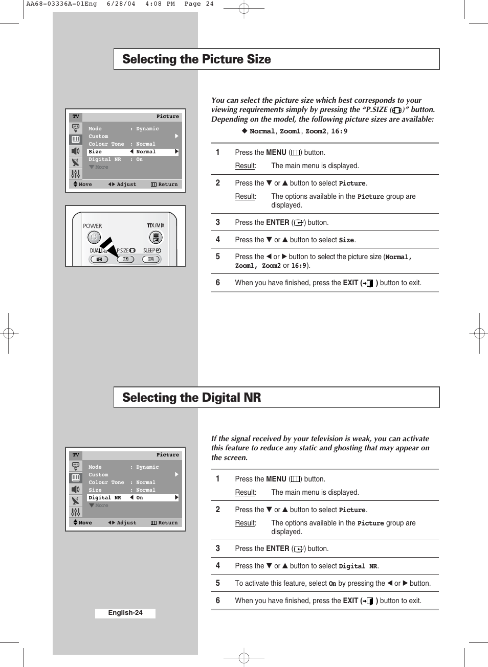 Selecting the picture size, Selecting the digital nr | Samsung WS-32M206V User Manual | Page 24 / 48