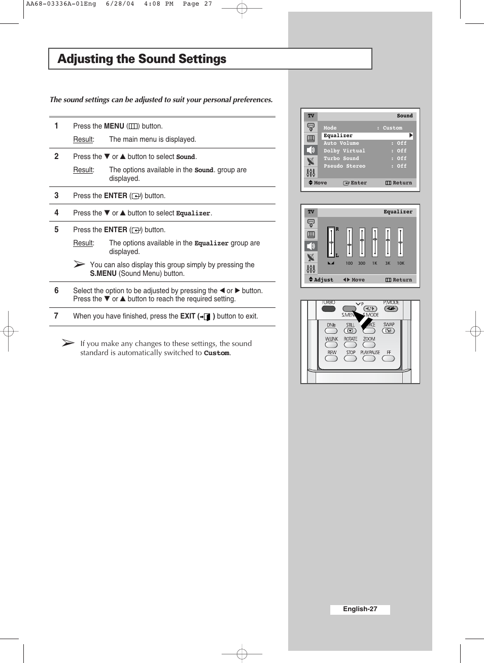 Adjusting the sound settings | Samsung WS-32M206V User Manual | Page 27 / 48