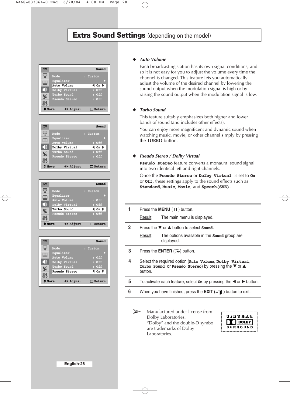 Extra sound settings (depending on the model), Extra sound settings, Depending on the model) | Samsung WS-32M206V User Manual | Page 28 / 48