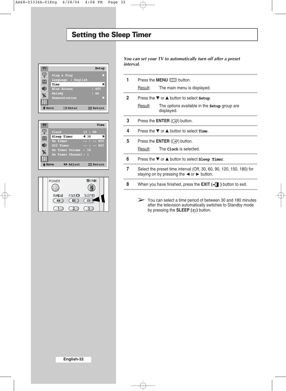 Setting the sleep timer | Samsung WS-32M206V User Manual | Page 32 / 48