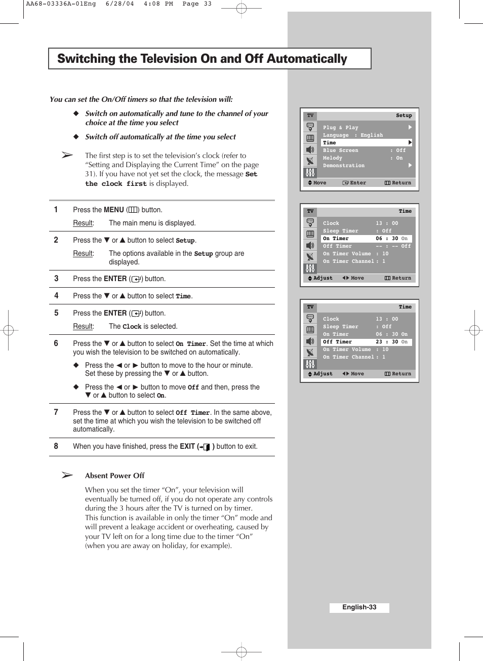 Switching the television on and off automatically | Samsung WS-32M206V User Manual | Page 33 / 48
