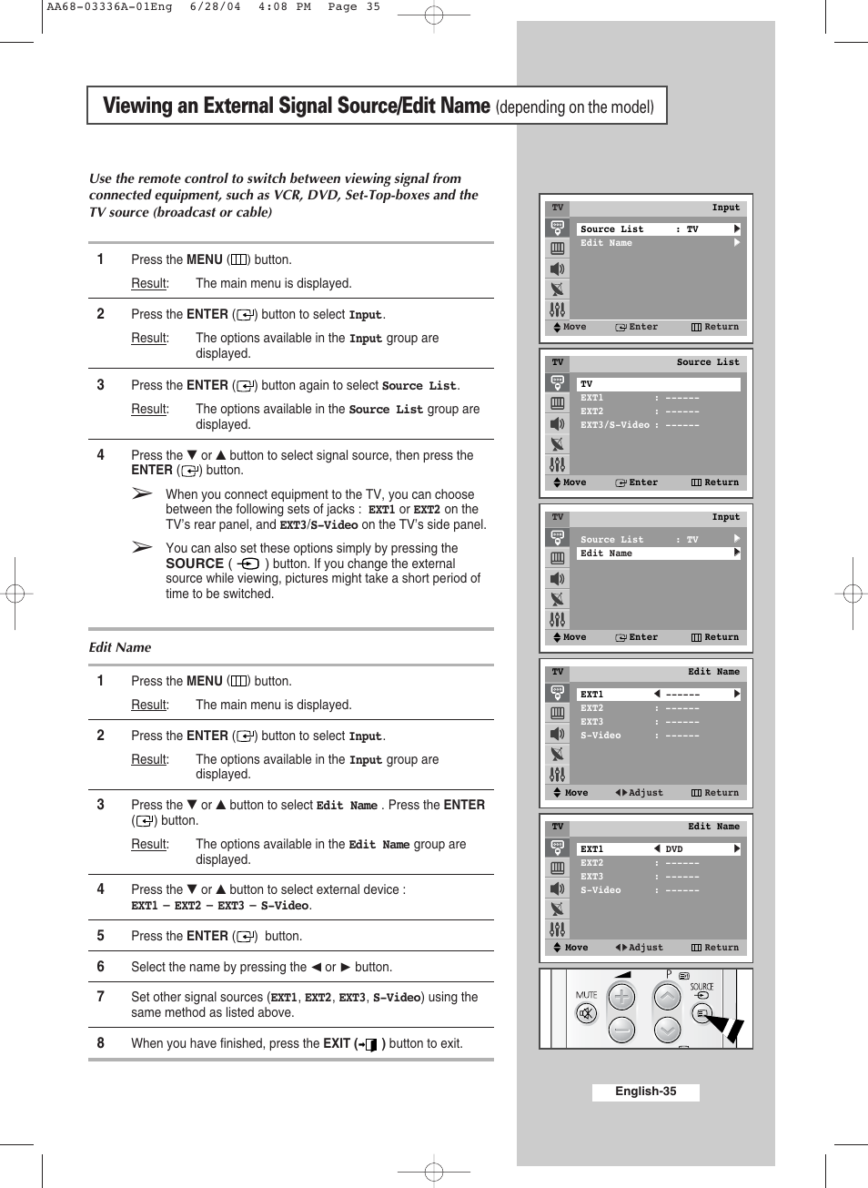 Viewing an external signal source/edit name, Depending on the model) | Samsung WS-32M206V User Manual | Page 35 / 48