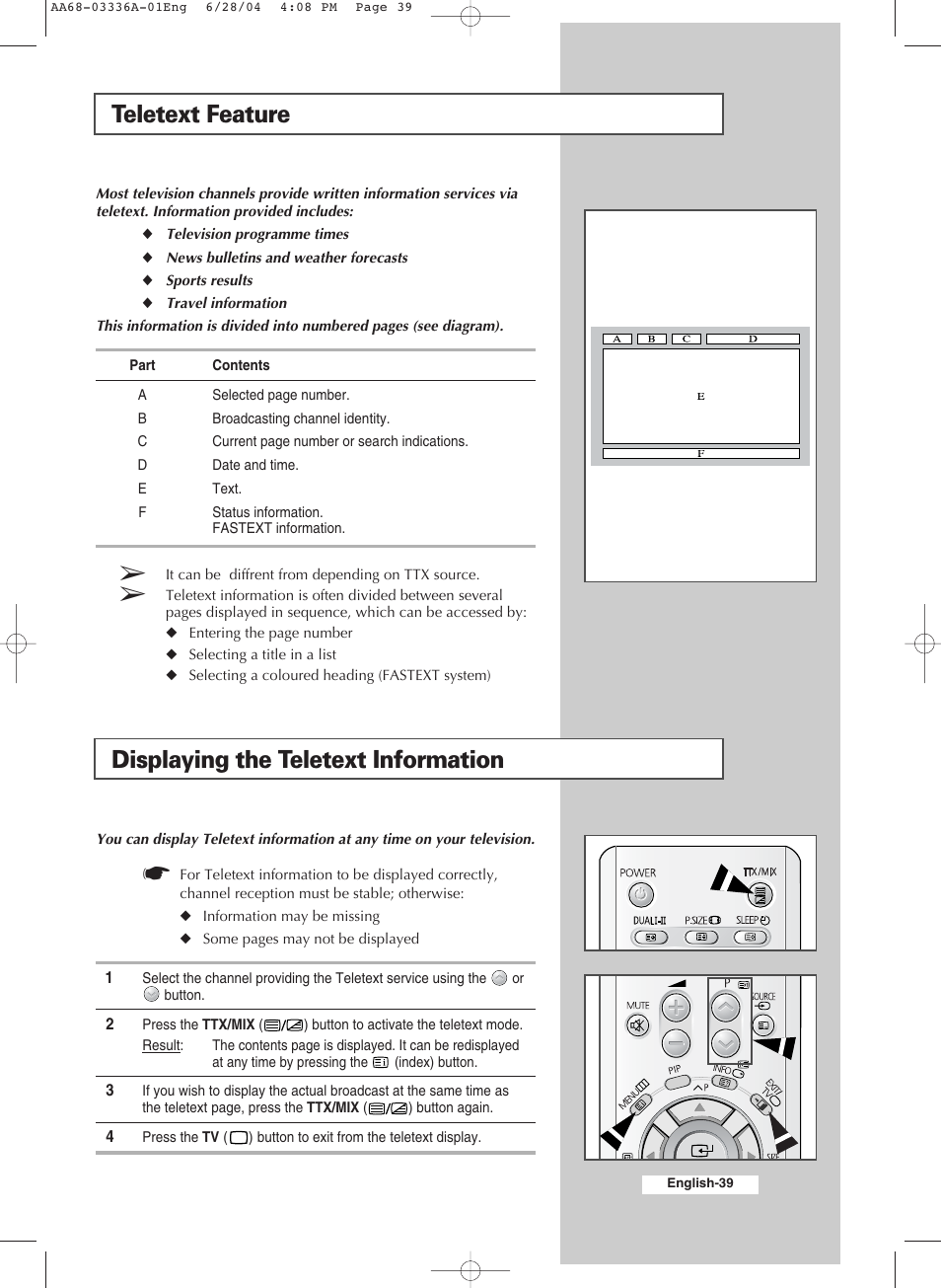 Using the teletext feature, Teletext feature, Displaying the teletext information | Samsung WS-32M206V User Manual | Page 39 / 48