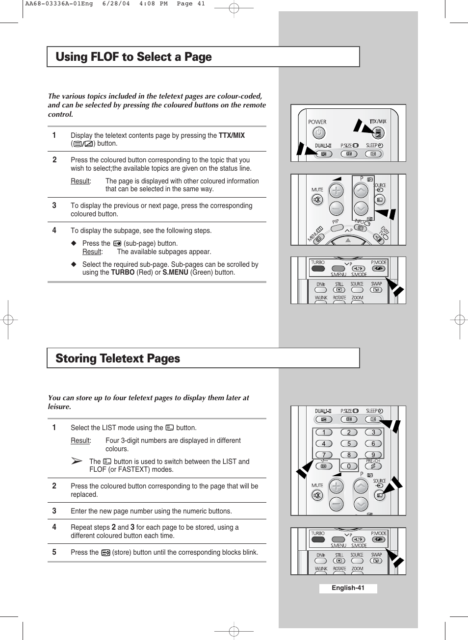 Using flof to select a page, Storing teletext pages | Samsung WS-32M206V User Manual | Page 41 / 48