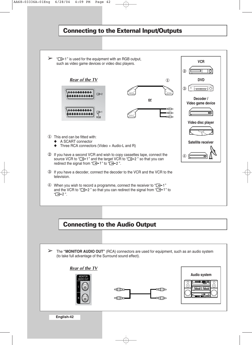 Additional information on connections, Connecting to the external input/outputs, Connecting to the audio output | Samsung WS-32M206V User Manual | Page 42 / 48