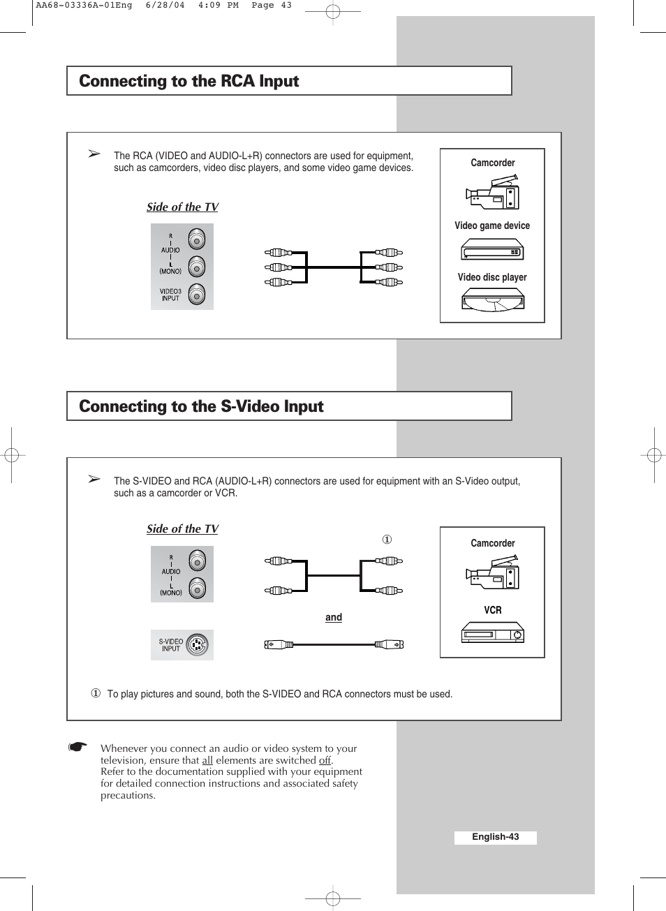 Connecting to the rca input, Connecting to the s-video input | Samsung WS-32M206V User Manual | Page 43 / 48