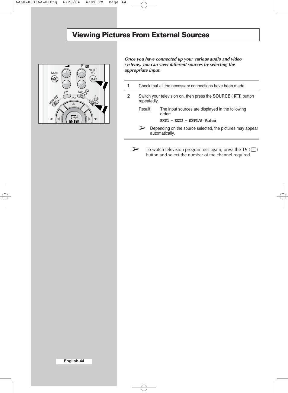Viewing pictures from external sources | Samsung WS-32M206V User Manual | Page 44 / 48