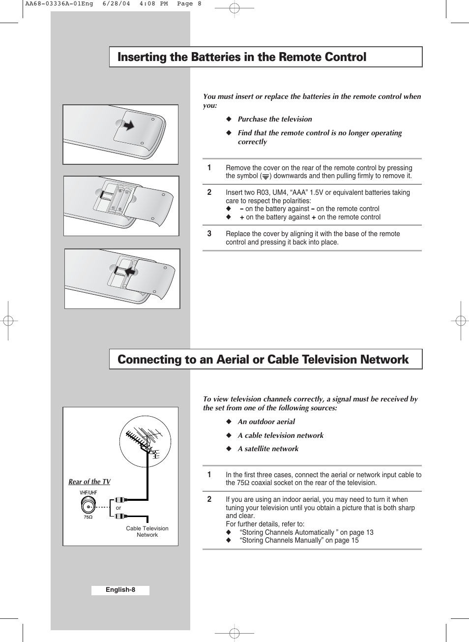 Inserting the batteries in the remote control | Samsung WS-32M206V User Manual | Page 8 / 48
