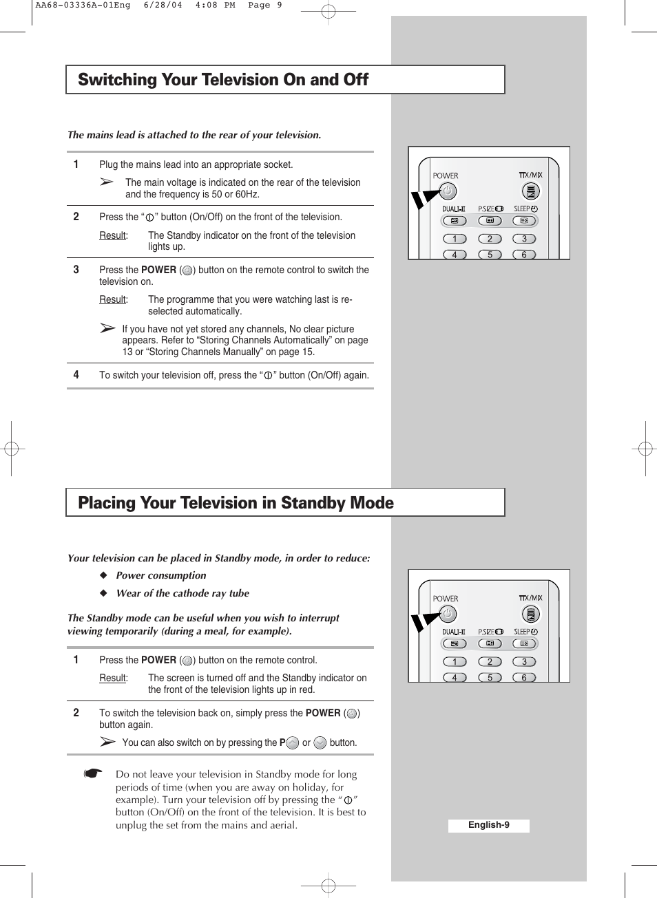 Switching your television on and off, Placing your television in standby mode | Samsung WS-32M206V User Manual | Page 9 / 48